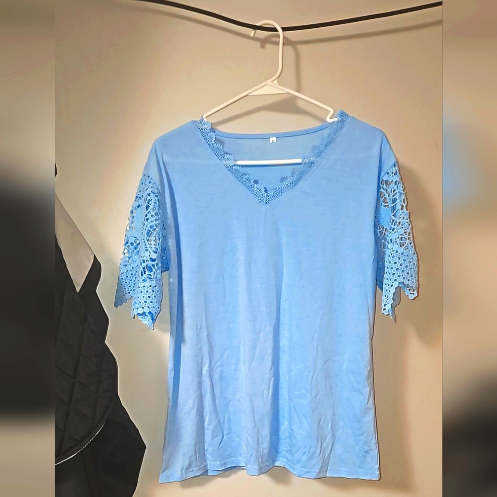 Never Worn Shein Baby blue crocheted short sleeved blouse